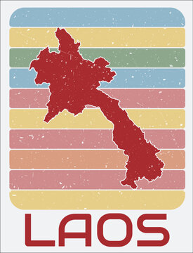 Laos vintage logo. Shape of the country on retro colored stripes background. Laos map design with grunge scratch texture. Vector illustration.