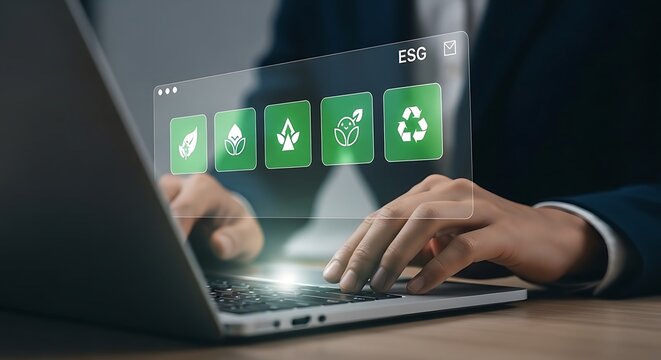 Businessperson using a laptop with ESG and eco-friendly icons representing sustainable and green energy concepts