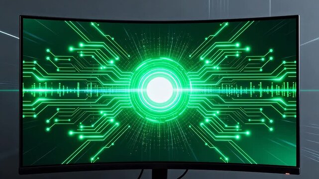 Curved monitor displaying green circuit design