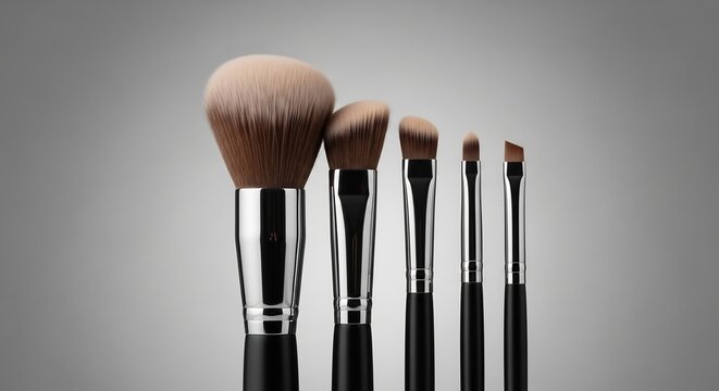 Collection of Professional Makeup Brushes on a Gray Background.