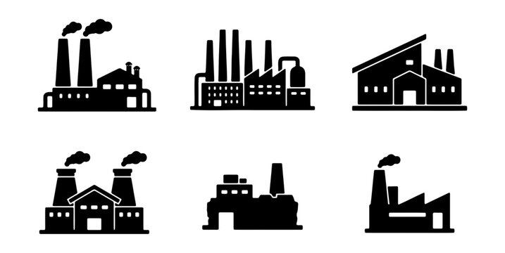 Factory industrial building silhouette set vector illustration manufacturing plant and smoke stack