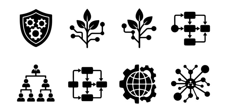 Gear shield protection technology tree flow chart organization global network vector icon set design