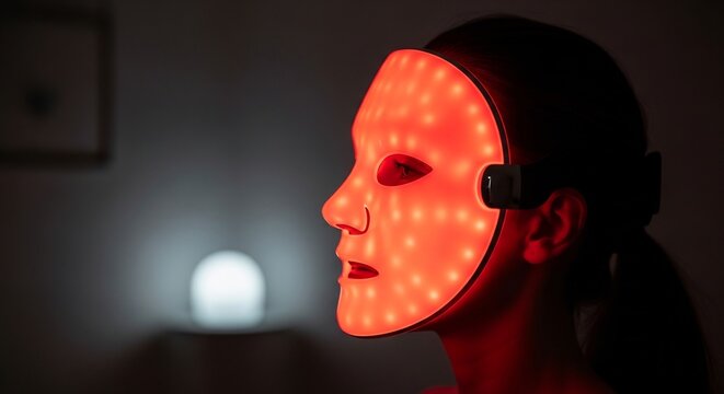 Womans Face Illuminated by Red LED Light Therapy Mask for Skincare.