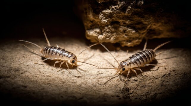 Two Silverfish Insects Scurrying Across a Rough Concrete Surface in Macro Photography