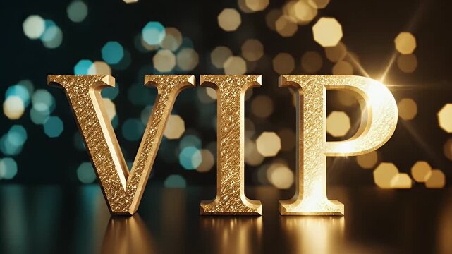 Golden glittery VIP letters stand prominently against a festive bokeh background, symbolizing exclusivity and special access