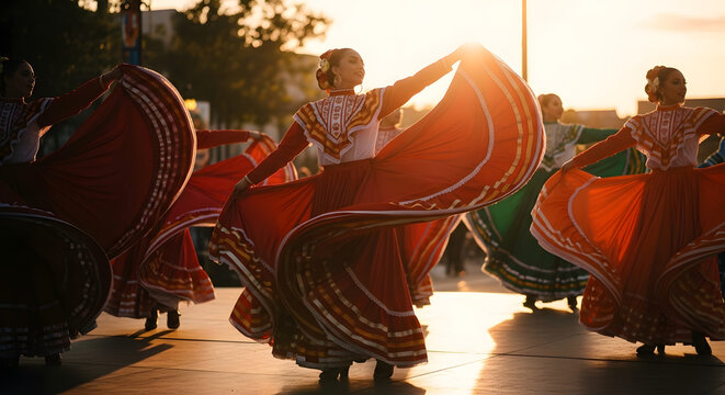 Dancers in vibrant traditional Mexican dresses performing folklorico at a Cinco de Mayo celebration.