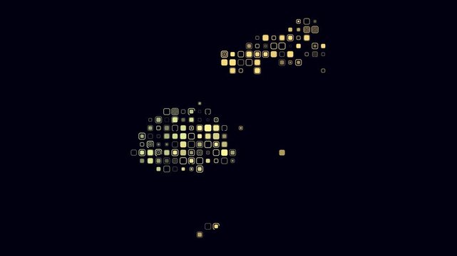 Fiji map animation. Shape of the country with pulsating colored dots. Large size rounded square blocks. Digital style Fiji map on dark background. Abstract video.