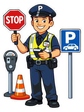 Cartoon Illustration of Parking Attendant with Stop Sign