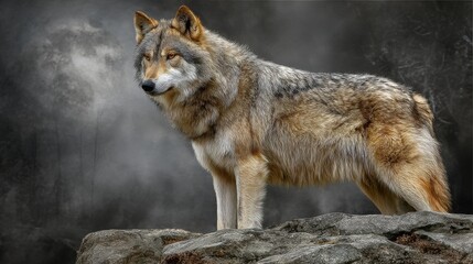 Fototapeta premium A Majestic Wolf Stands Proudly on a Rocky Cliff Edge Surveying Its Wild Territory