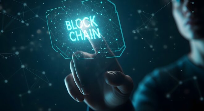 Blockchain technology concept a hand holding a glowing digital blockchain network