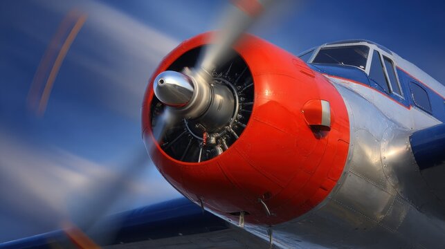 Close up of a vintage aeroplane propeller blurring with motion against a vibrant blue sky