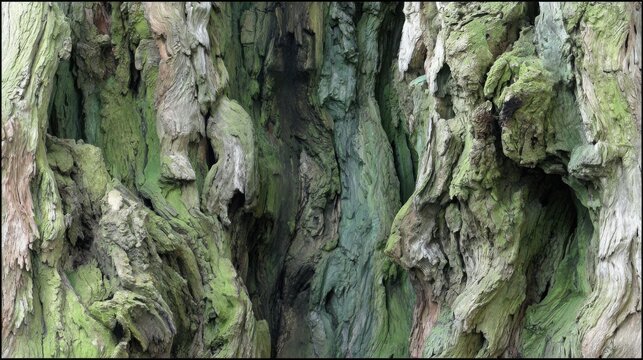 Detailed close-up of the rough, ancient tree bark with deep crevices and patches of green moss