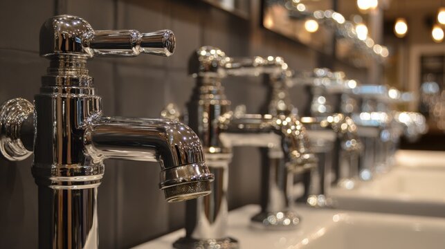 Row of polished chrome faucets and plumbing fixtures in a modern showroom