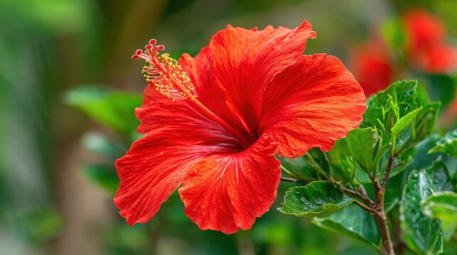 Vibrant Red Hibiscus Flower with Prominent Stamen in Garden Setting