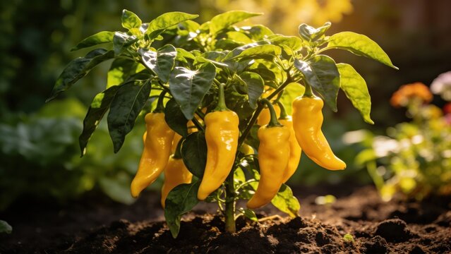 Yellow paprika chili plant, Capsicum Annuum.