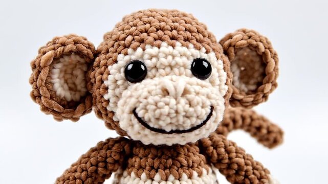 Macro shot of a brown and beige crocheted monkey amigurumi toy with large ears and plastic eyes, handmade stuffed animal portrait isolated on a white background for hobby projects.