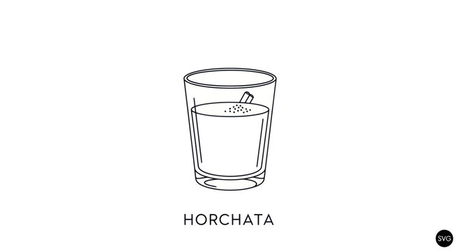 Hand-drawn illustration of a glass of horchata with ice cubes and cinnamon sprinkles.