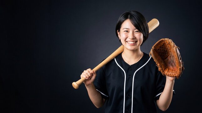 スポーツの応援や部活のマネージャーをイメージした、野球ユニフォーム姿の日本人女性。バットとグローブを手にした元気でアクティブなポートレート