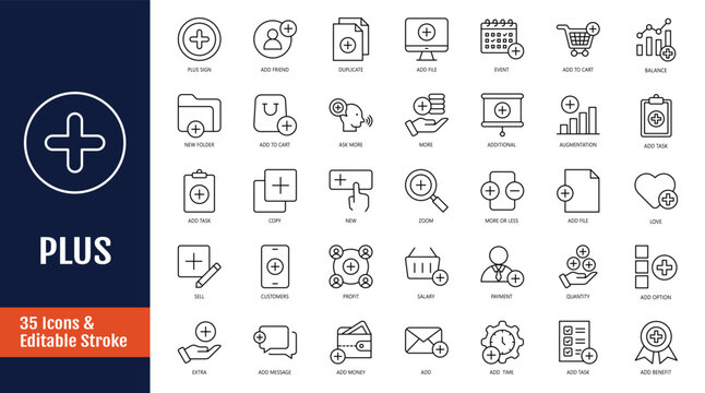 Plus icon set. Icons related to add, more, new, copy, augmentation, positive, create, zoom and more. Outline icon with Editable stroke. Vector illustration