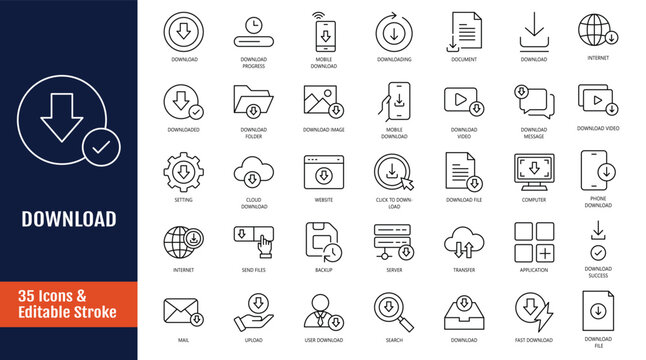 Download icon set. Icons related to upload, document, link, download file, folder, data and more. Outline icon with Editable stroke. Vector illustration