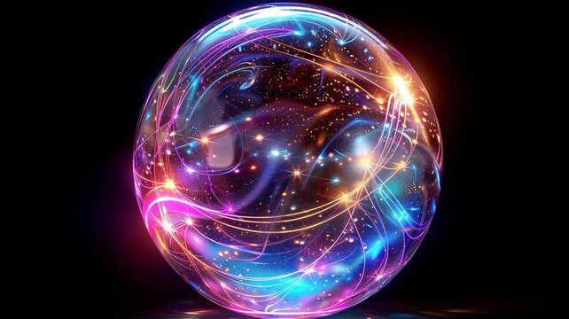 Vibrant 3D crystal orb filled with swirling neon light curves and golden cosmic star particles.