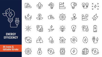 Energy efficiency icon set. Includes energy saving, sustainability, electricity, consumption, house, reduction, lightning and more. Outline icon with Editable stroke. Vector illustration © ARIF MIFTAHUL ANWAR
