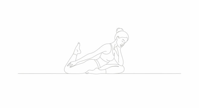 Woman practicing yoga King Pigeon Pose (Eka Pada Rajakapotasana) on white background, line art
