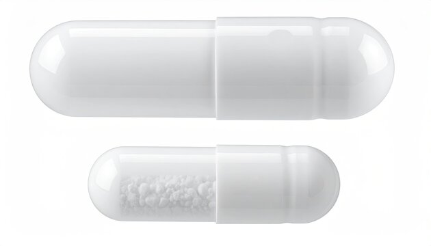 Two white pharmaceutical capsule pills: one empty one filled with granules - medication isolated on a clean white backdrop