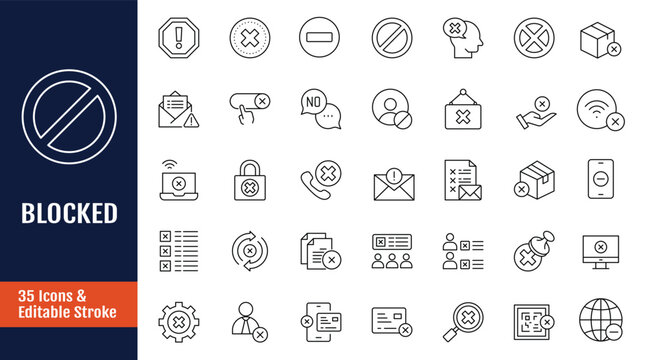 Blocked icon set. Includes forbidden sign, prohibited, banned, error, refuse, close, reject and more. Outline icon with Editable stroke. Vector illustration