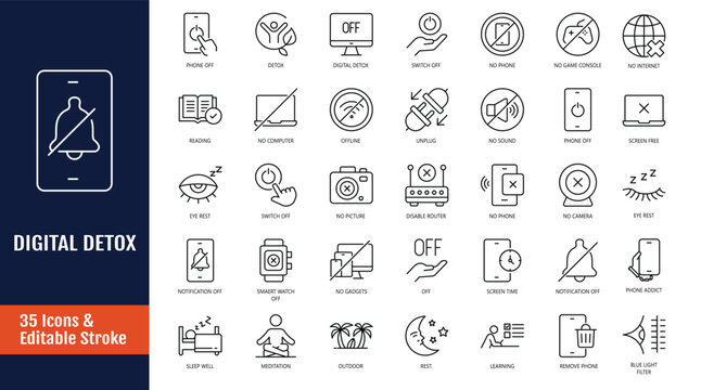 Digital Detox icon set. Includes digital detox, tech detoxification, unplug, no phone, offline, airplane mode, and more. Outline icon with Editable stroke. Vector illustration