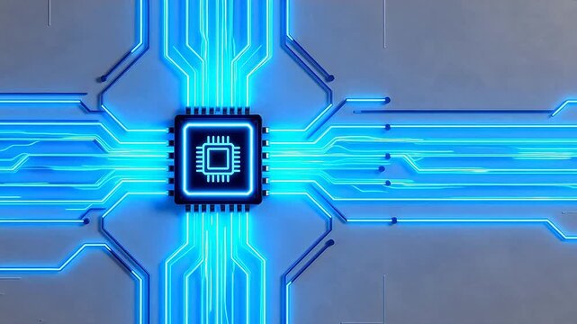 Circuit board with glowing blue lines