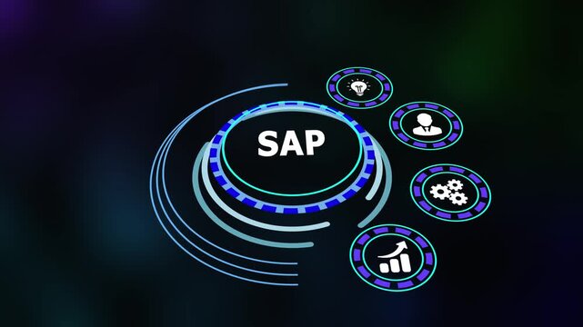 Enterprise resource planning data hub with management icons and SAP title on a glowing futuristic HUD