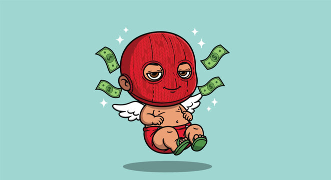 Cute Baby Angel Wearing Ski Mask with Money.