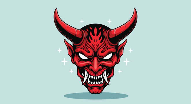 Red Oni Mask with Horns and Fierce Expression.