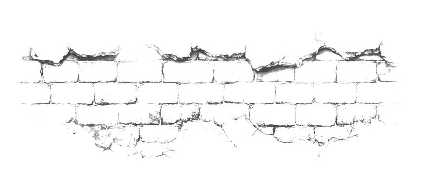 Cracked white brick wall with peeling plaster and visible mortar lines in grayscale