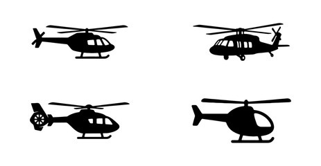 Black helicopter silhouette icons set, 4 vector aircraft symbols, military and civilian chopper transport signs for aviation design © Mamun