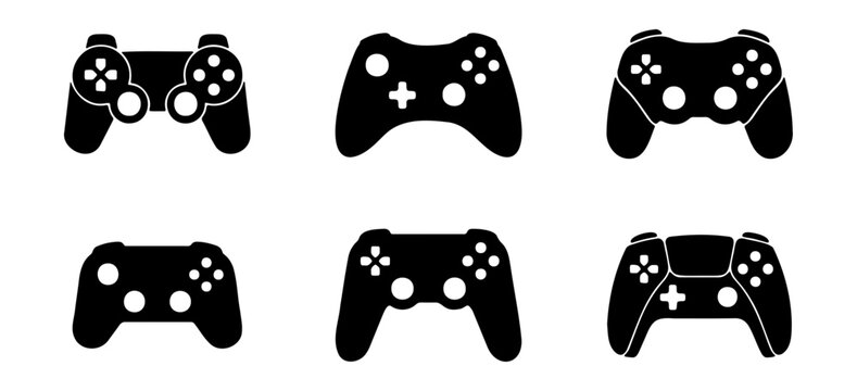 Video game controller icon set, black gamepad vector silhouettes, collection of 6 gaming console joysticks for esports and digital entertainment