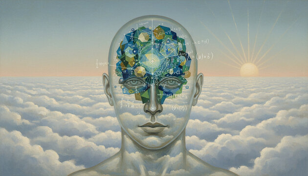 Surreal concept of a transparent human head filled with geometric shapes and formulas floating above a sea of clouds at sunrise, generative AI