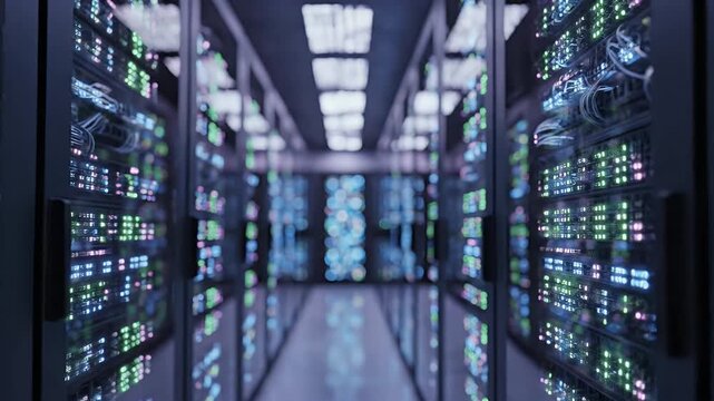 Data Center Server Racks Glow With Blue Lights.