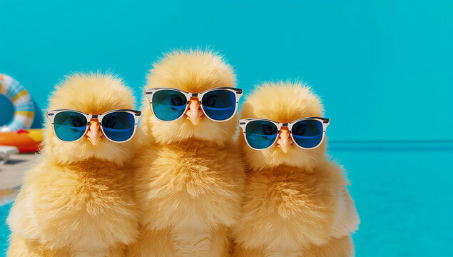 青背景の前でサングラスをかけたひよこが並ぶ夏のプールサイド広告向けビジュアルの横長向け素材