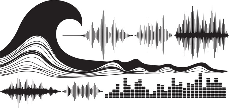 Sound wave patterns and audio signal graphics in black