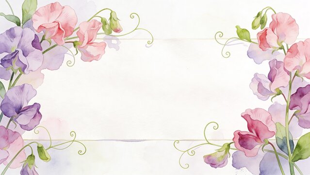 Watercolor sweet pea flowers framing a horizontal banner with copy space