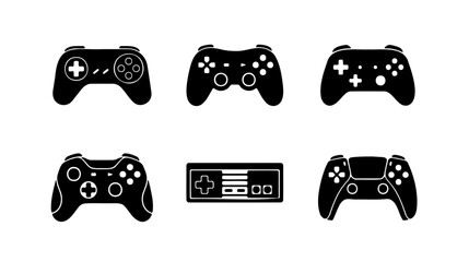 Video game controller icon set, black gaming joystick vector silhouettes, collection of 6 gamepads for console and pc gaming interfaces © Fatema