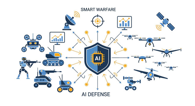 AI Defense System and Smart Warfare Concept with Military Drones, Robots, and Cyber Security Technology Illustration