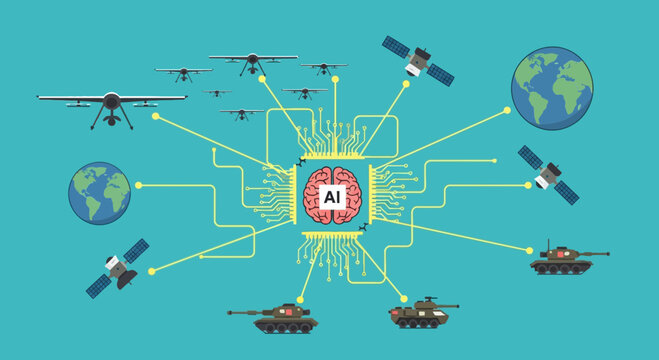 Global Military Defense System Controlled by Artificial Intelligence Concept Illustration, AI Integrated Drone Technology, Satellites, and Battle Tanks.