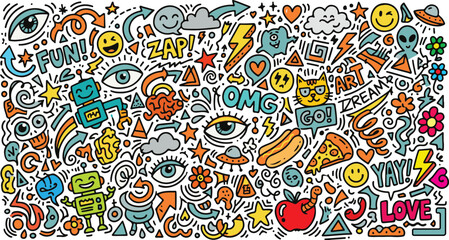 Naklejka premium Colorful Chaotic Doodle Art Background with Fun Cartoon Elements on Black