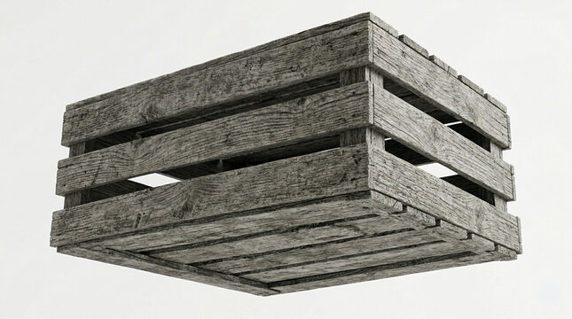 Uma caixa de pinus velha flutuando isolada em fundo branco.