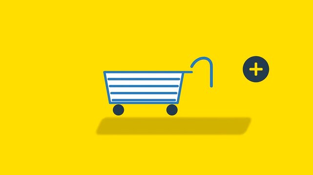 Multiple stylized shopping cart icons with a plus sign on a vibrant yellow background representing online shopping, e-commerce, and adding products to a digital basket for purchase.