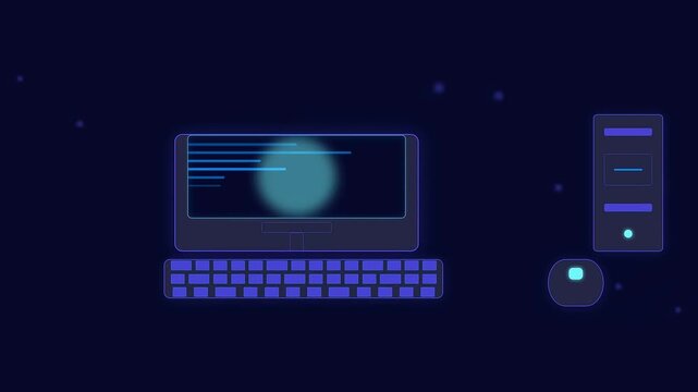 Abstract digital computing environment with glowing blue outlined desktop computers and network elements, illustrating data processing and modern technology infrastructure.