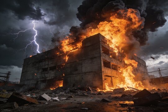 Burning building with lightning